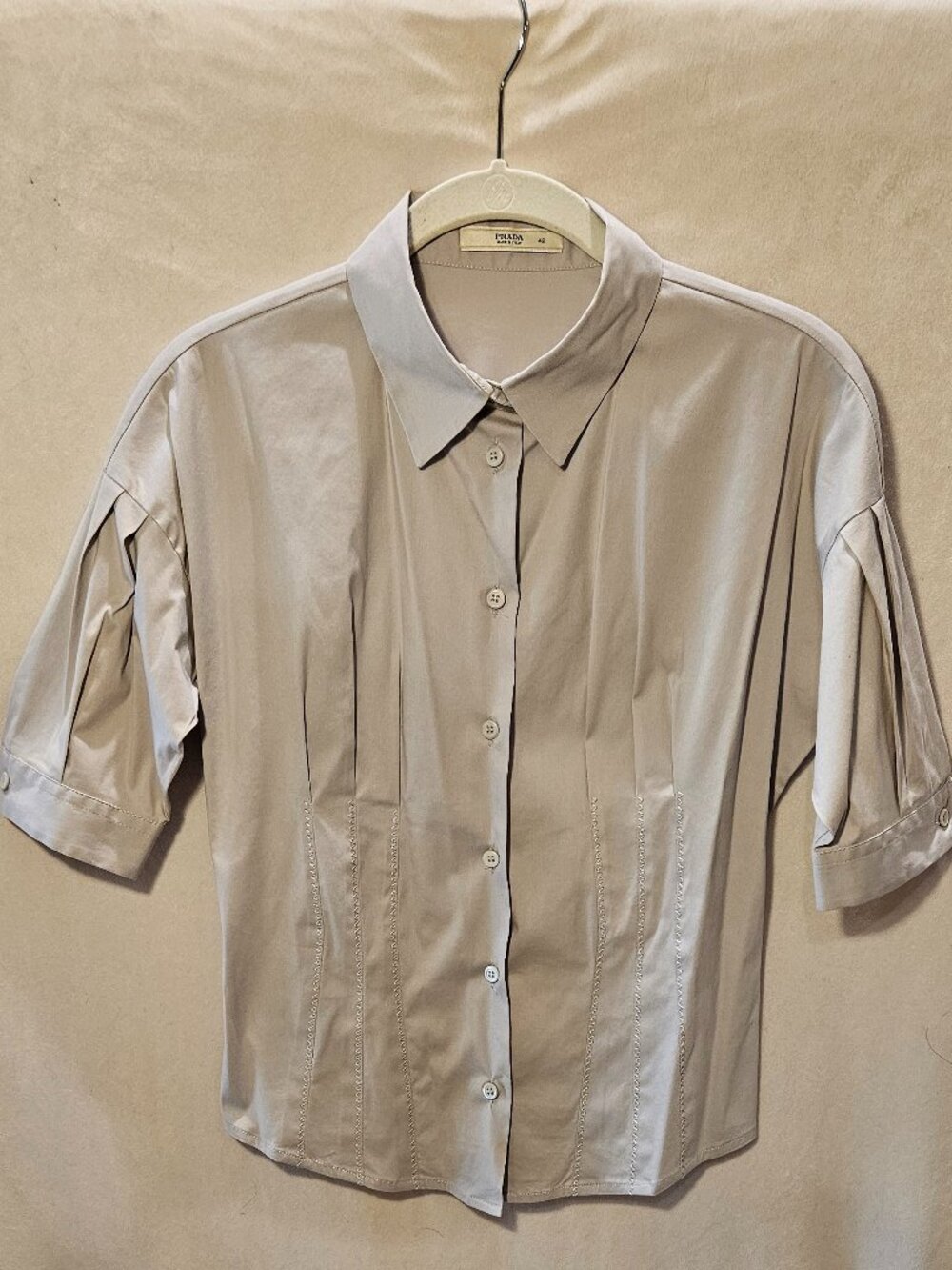 Prada Women’s IT 42 Beige Stretch Cotton Button Down Shirt Pleated Short Sleeve